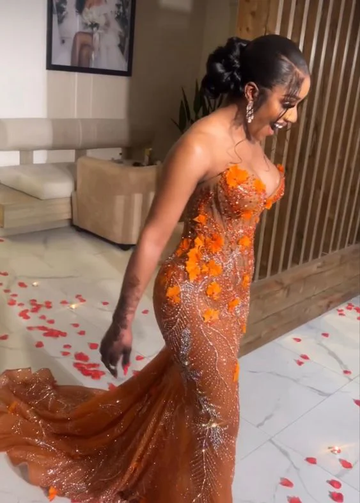 Mermaid Strapless Floor Length Orange Lace Sequin Evening Dress Prom Dresses SD2418 HZ0628
